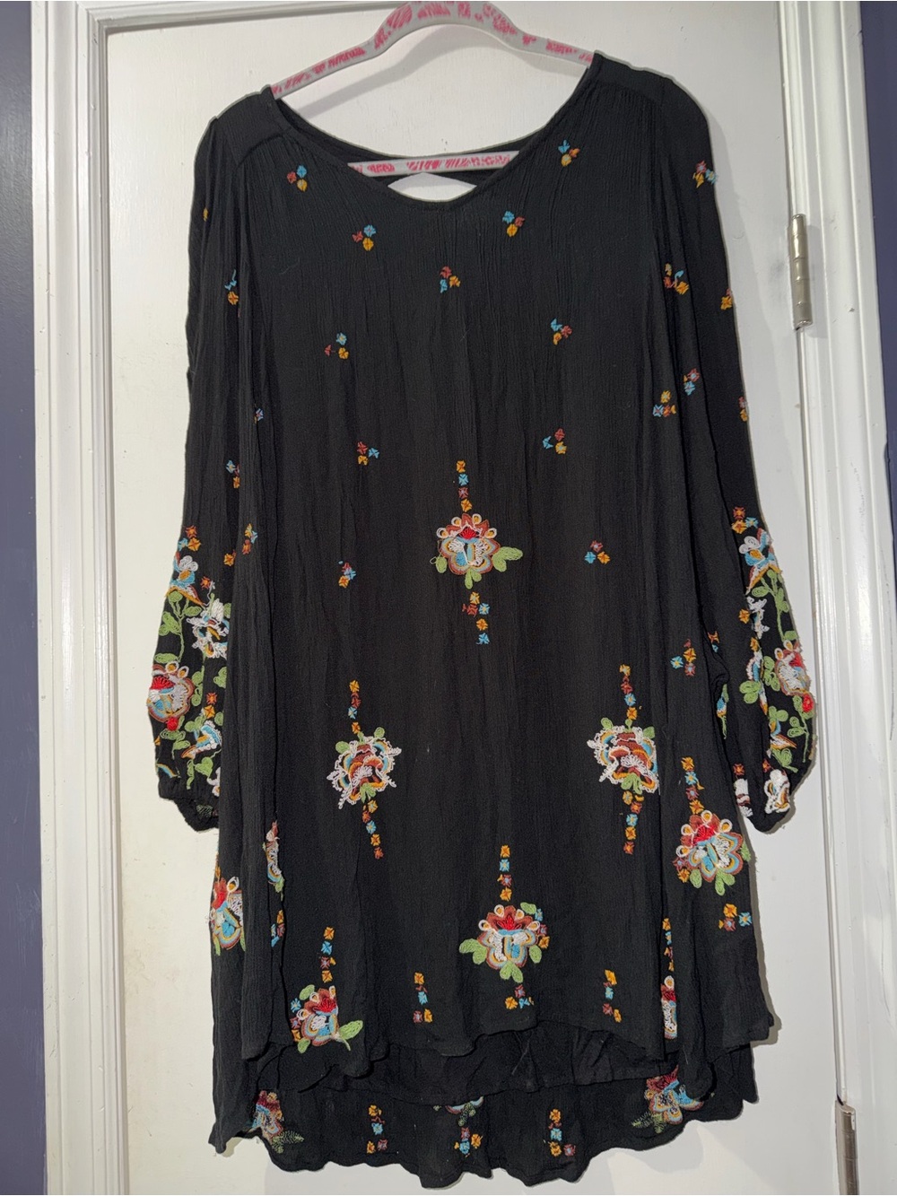Free People Black Embroidered Long Sleeve Boho Dress